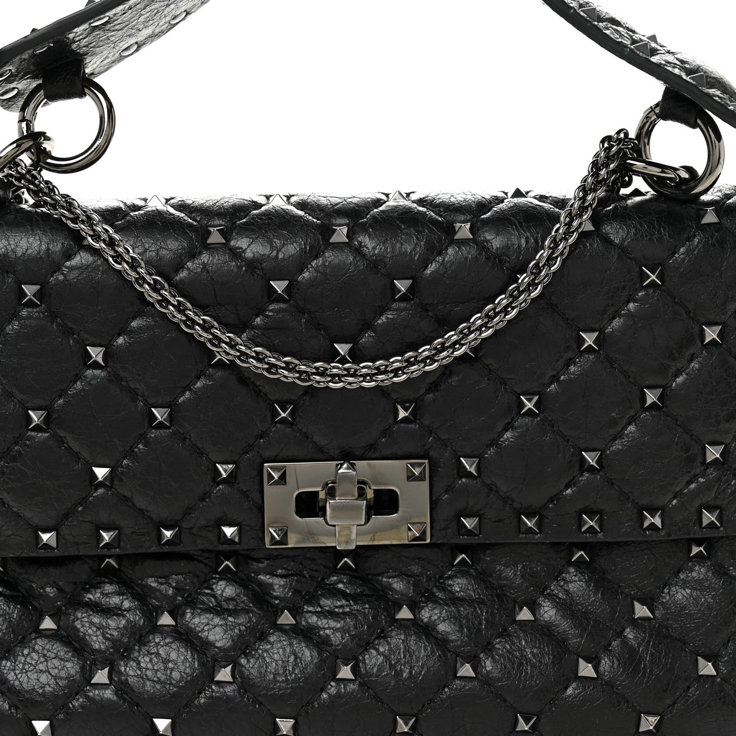 Craquele Nappa Medium Rockstud Spike Shoulder Bag Black