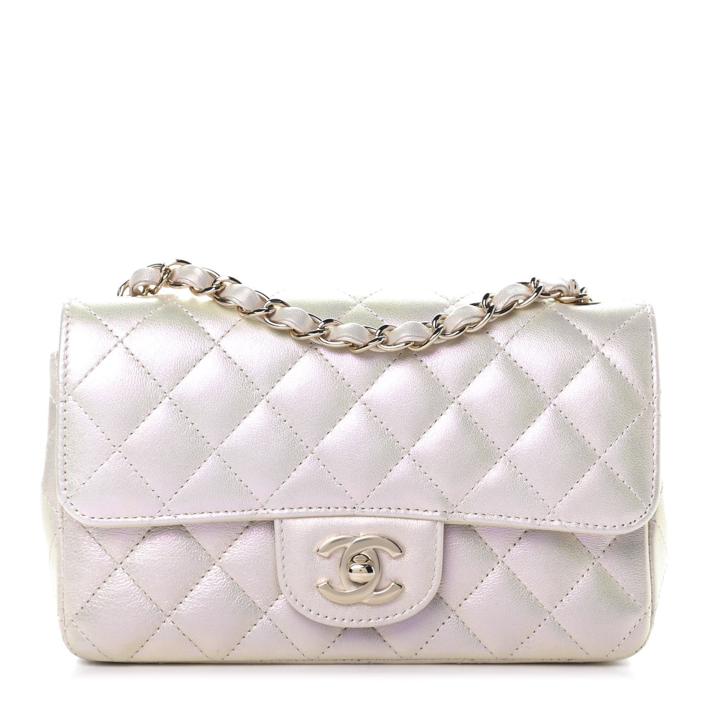 Iridescent Lambskin Quilted Mini Rectangular Flap Ivory