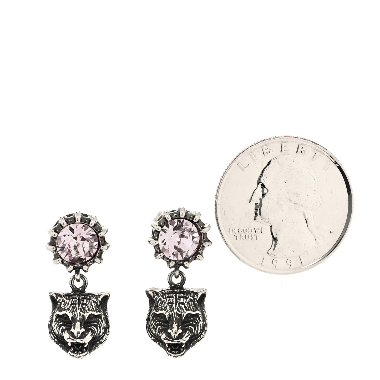 Metal Crystal Feline Head Earrings Silver