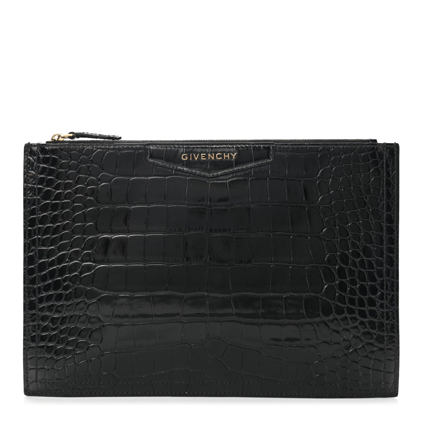 Calfskin Crocodile Embossed Medium Antigona Pouch Black