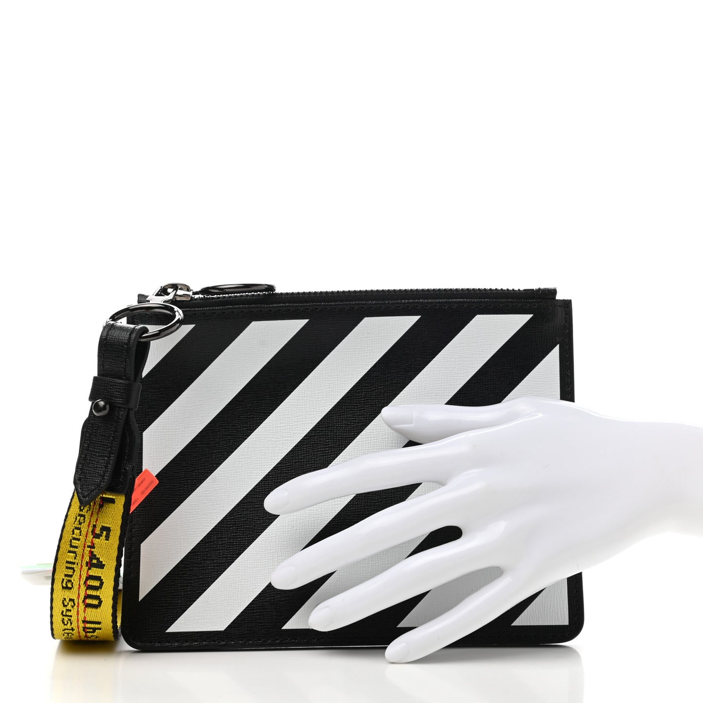 Saffiano Striped Diag Flat Pouch Black White