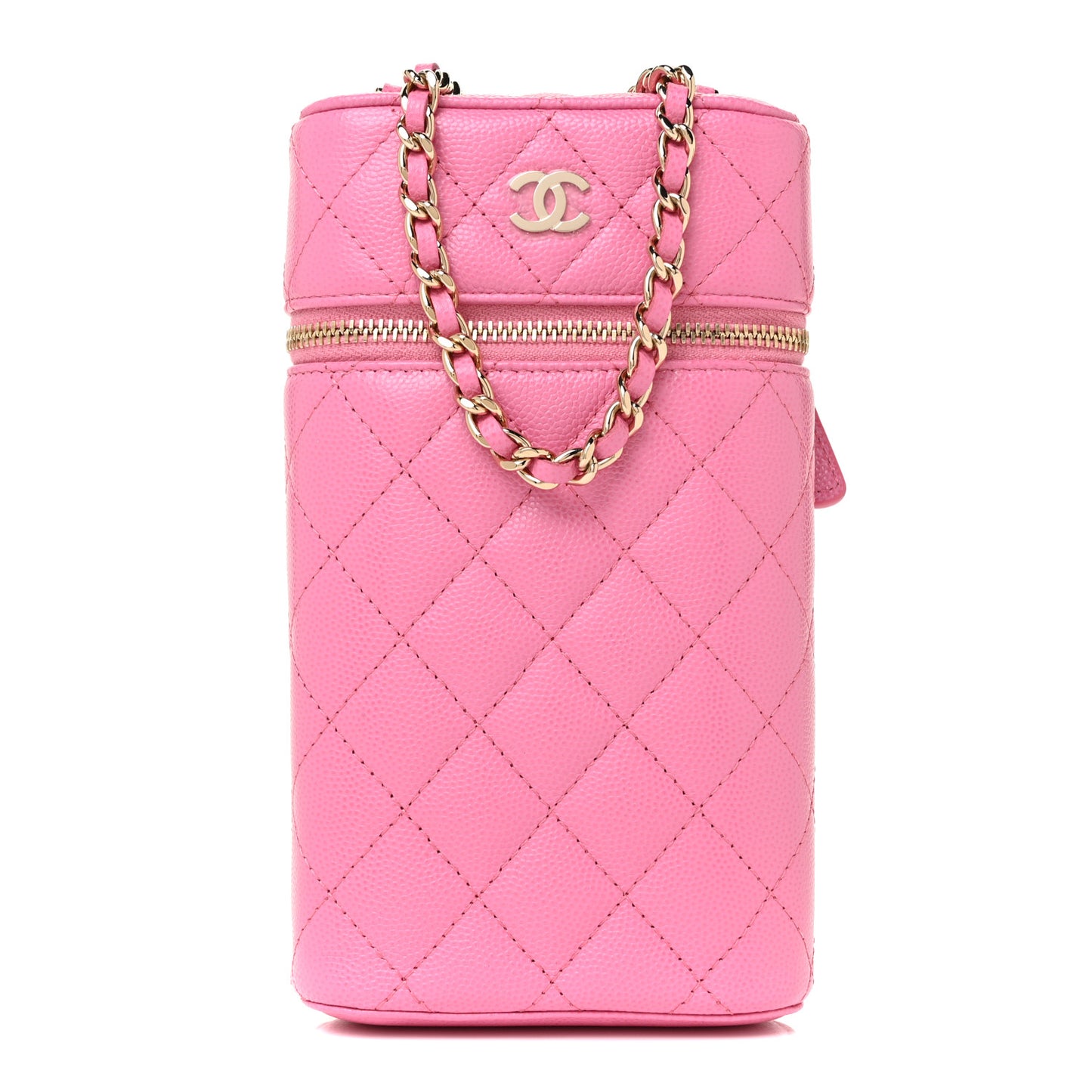 Caviar Quilted Phone Holder With Chain Pink
