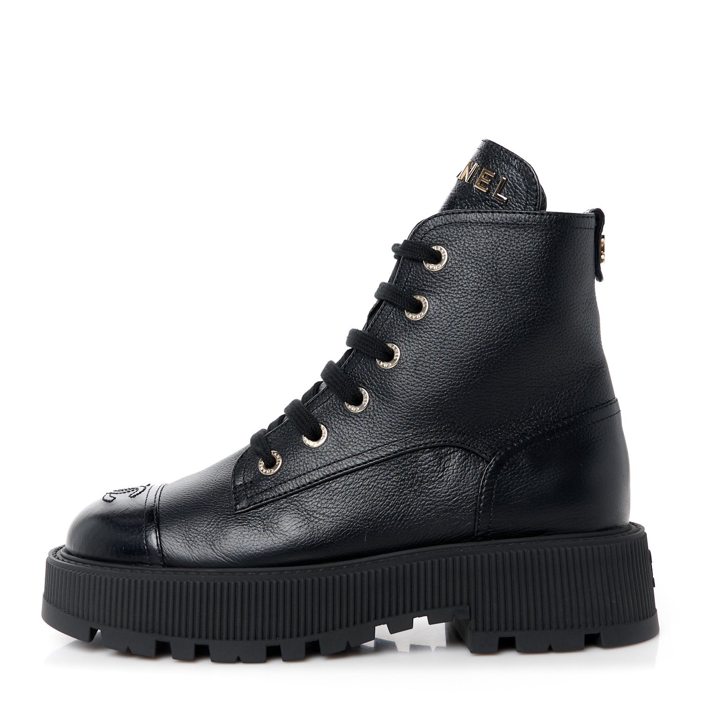 Grained Calfskin Shiny Calfskin CC Lace Up Combat Boots 39 Black