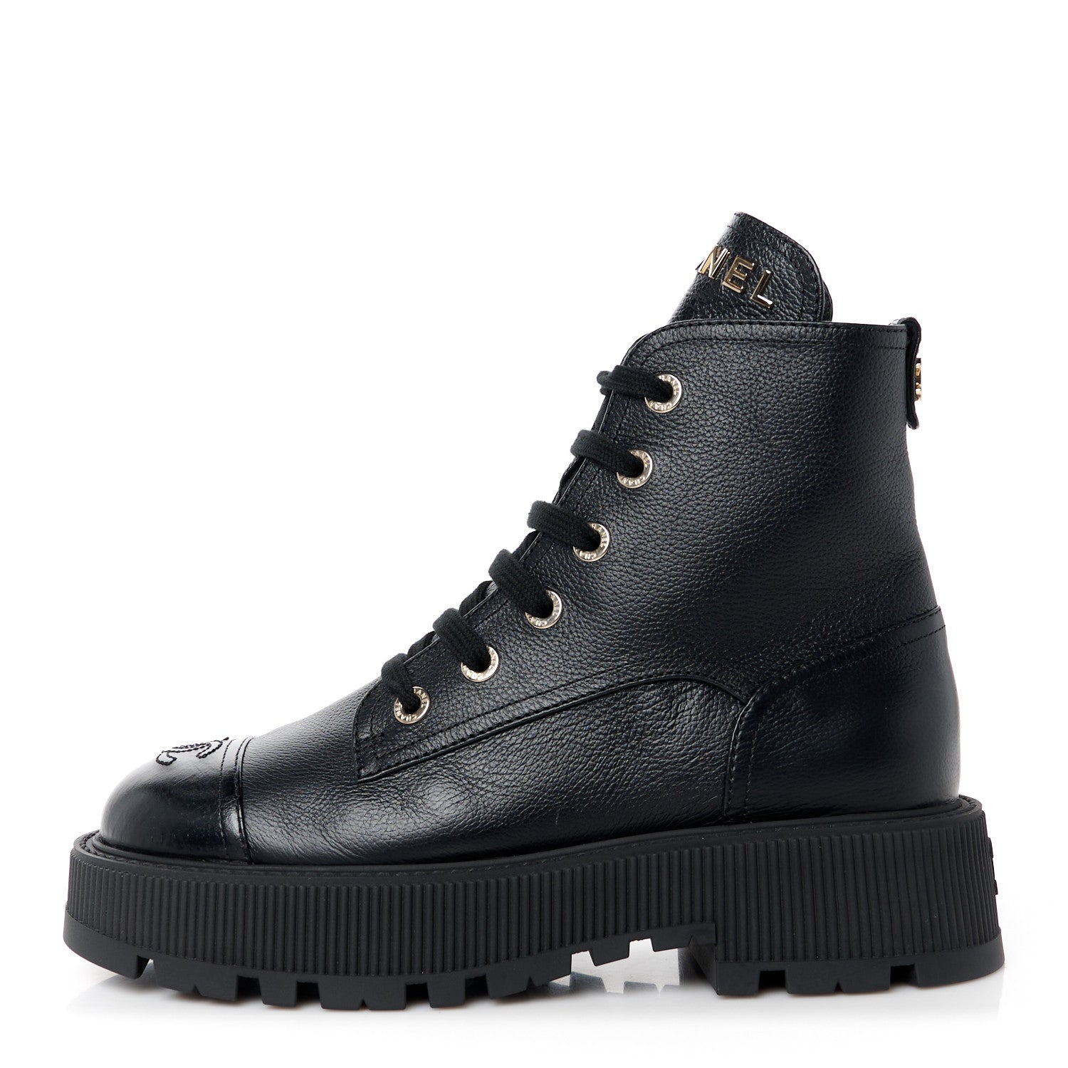 Chanel Grained Calfskin Shiny Calfskin CC Lace Up Combat Boots 39 Black 1 of 10