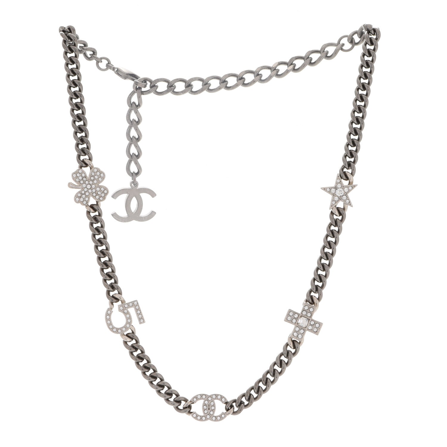 Chanel Ruthenium Crystal Chain CC Lucky Charms Choker Silver 3 of 7