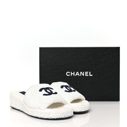 Chanel Terry CC Flat Mules Sandals 38 White Navy 16 of 16