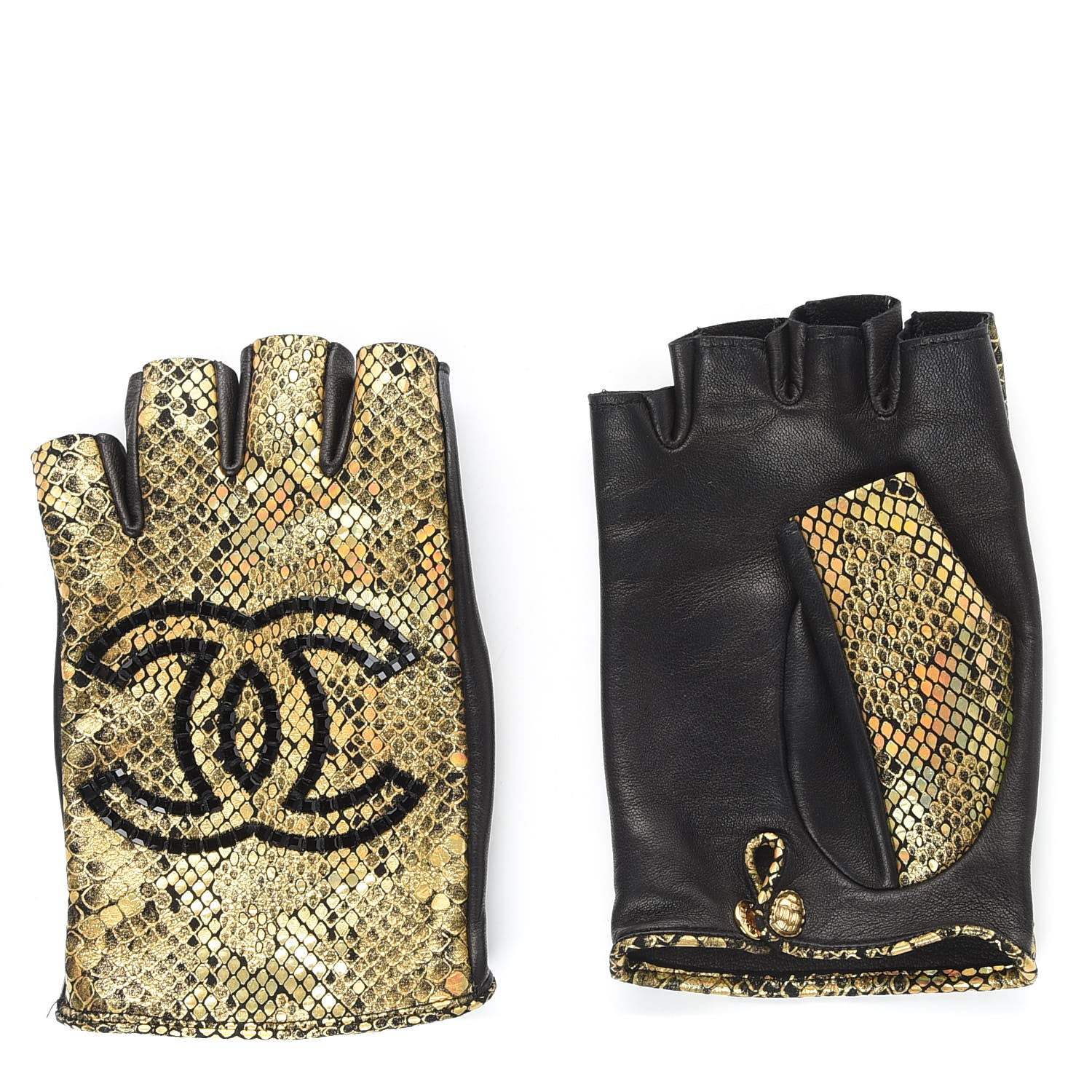 Chanel Lambskin Sequin Fingerless Gloves 7.5 Black Gold 1 of 6