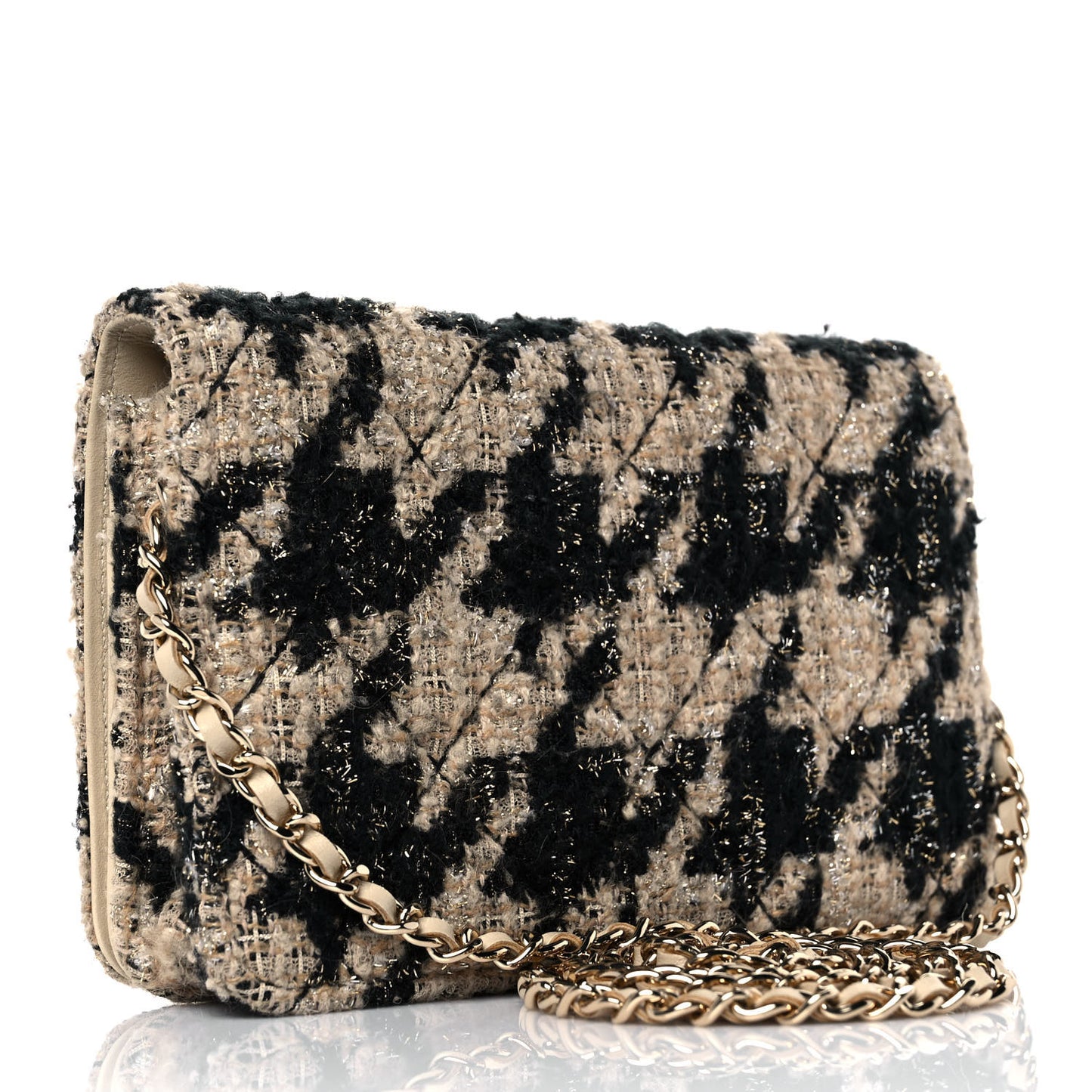 Tweed Shearling Quilted Chanel Wallet On Chain WOC Beige Black
