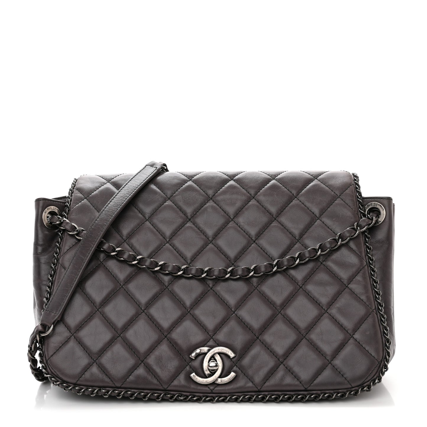 Calfskin Quilted Large CC Enchained Accordion Flap Grey