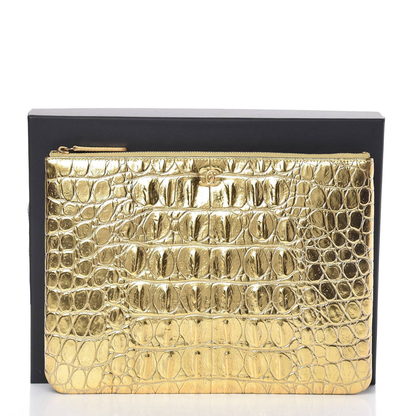 Metallic Calfskin Crocodile Embossed Medium Cocodile Cosmetic Case Gold