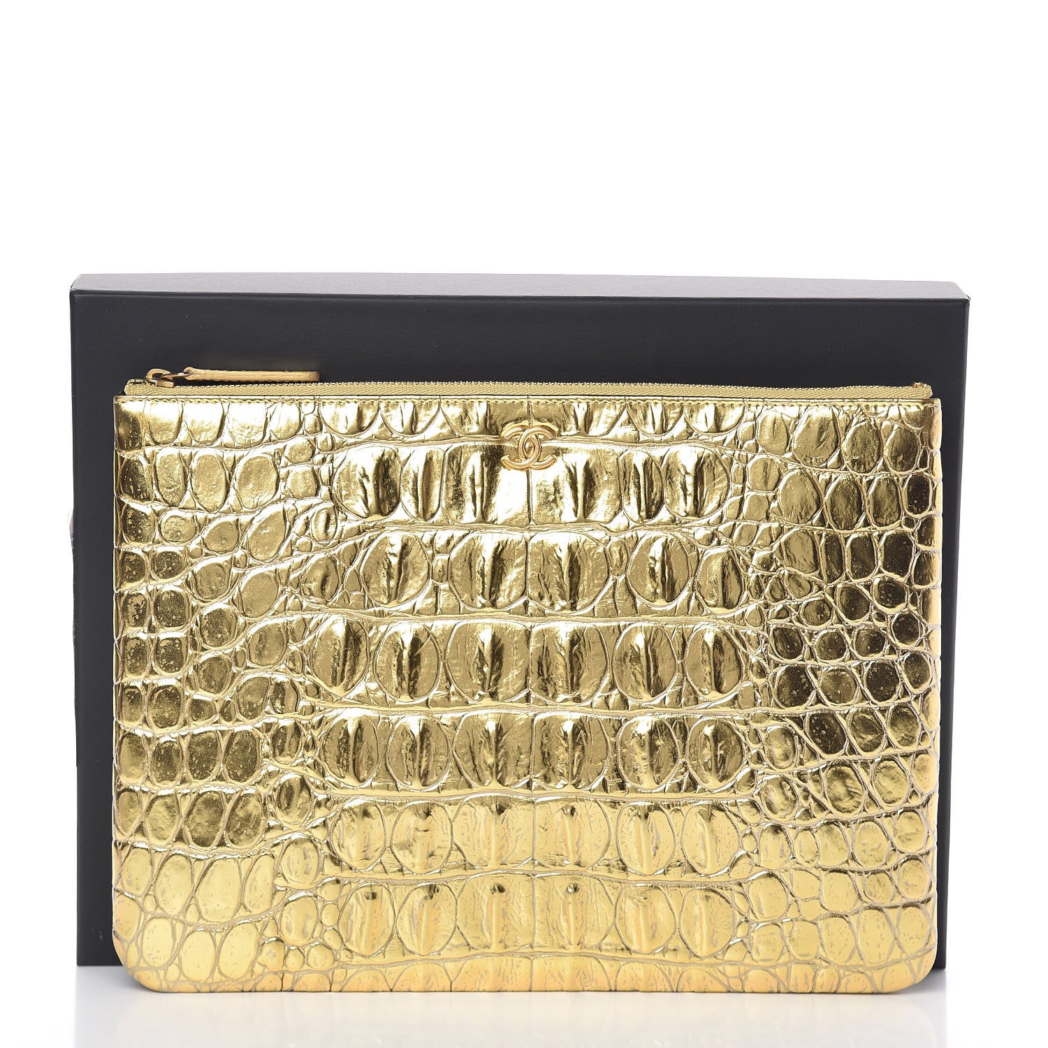 Chanel Metallic Calfskin Crocodile Embossed Medium Cocodile Cosmetic Case Gold 8 of 8