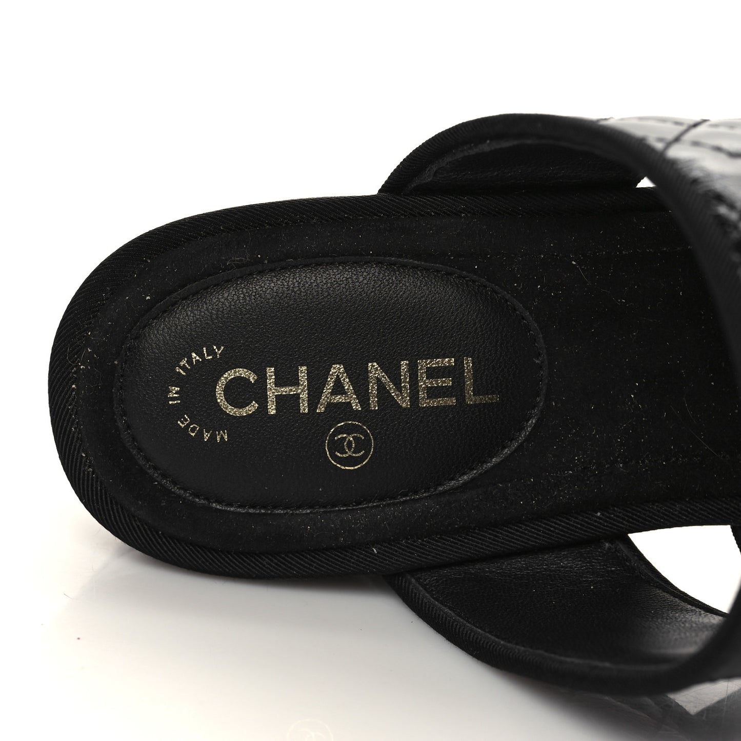 Distressed Patent Quilted Chain Mule Sandals 37.5 Black