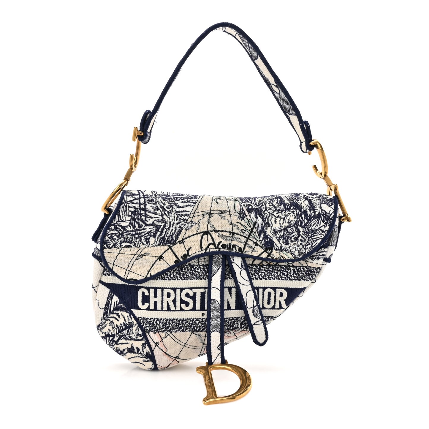 Canvas Embroidered Around the World Saddle Bag Blue