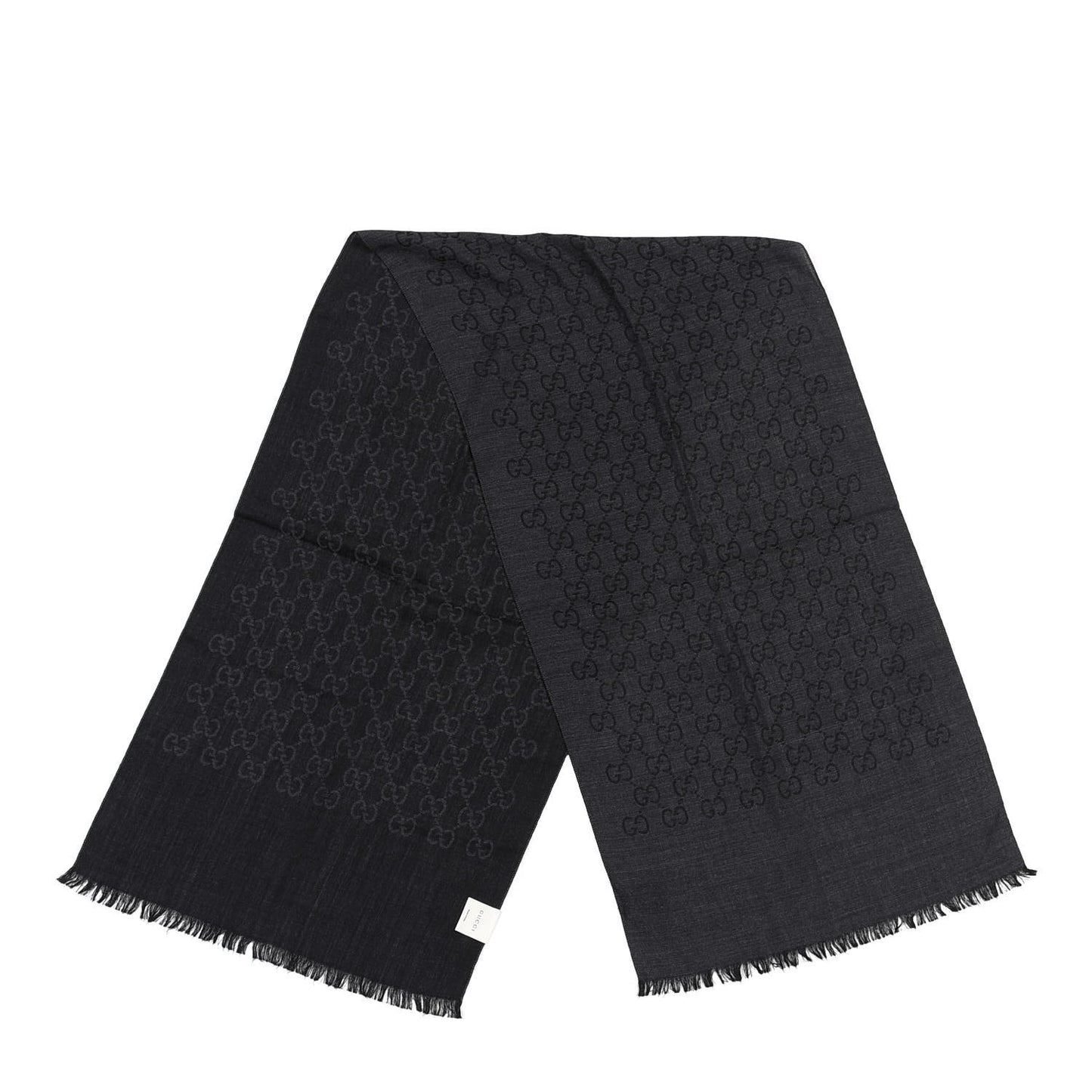 Wool Silk Jacquard Monogram Fringe Scarf Anthracite Black
