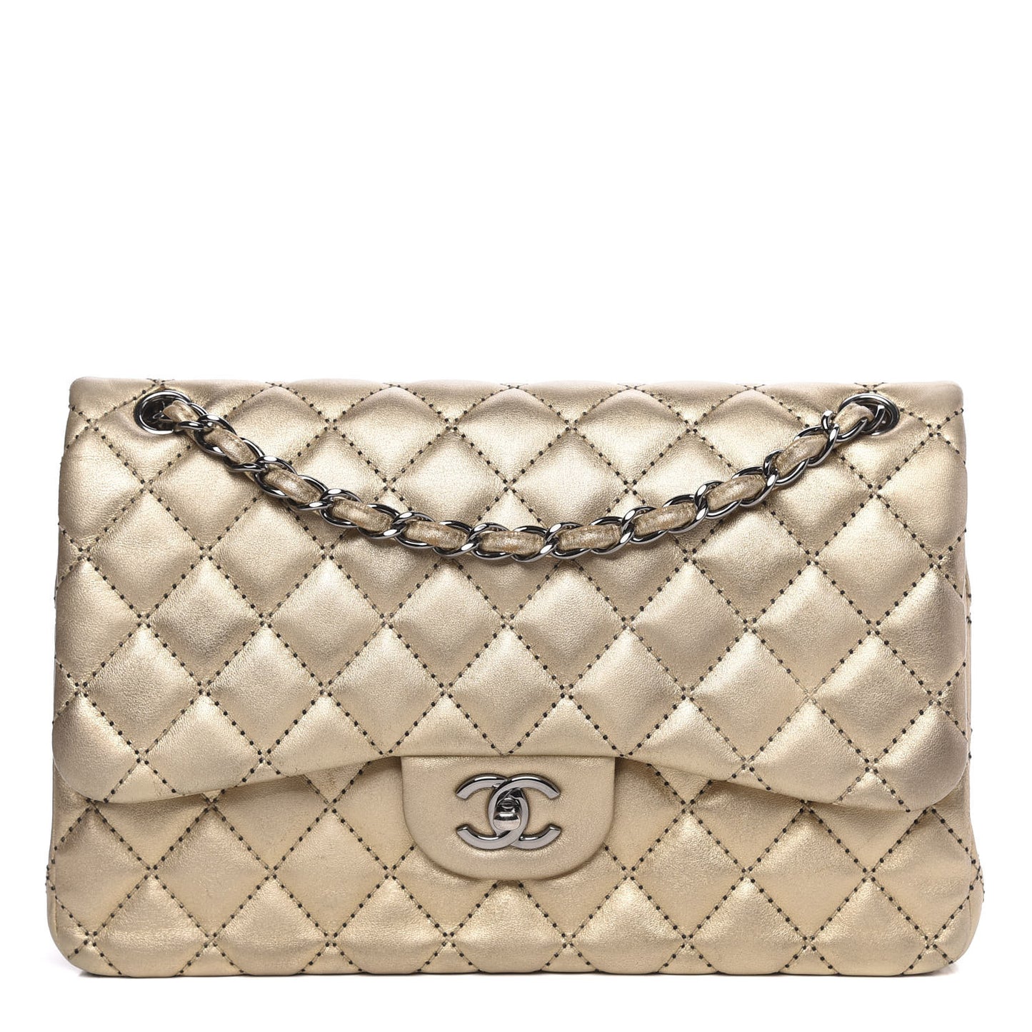 Metallic Washed Lambskin Quilted Jumbo Double Flap Dark Gold Black