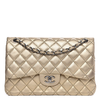 Chanel Metallic Washed Lambskin Quilted Jumbo Double Flap Dark Gold Black 1 of 14