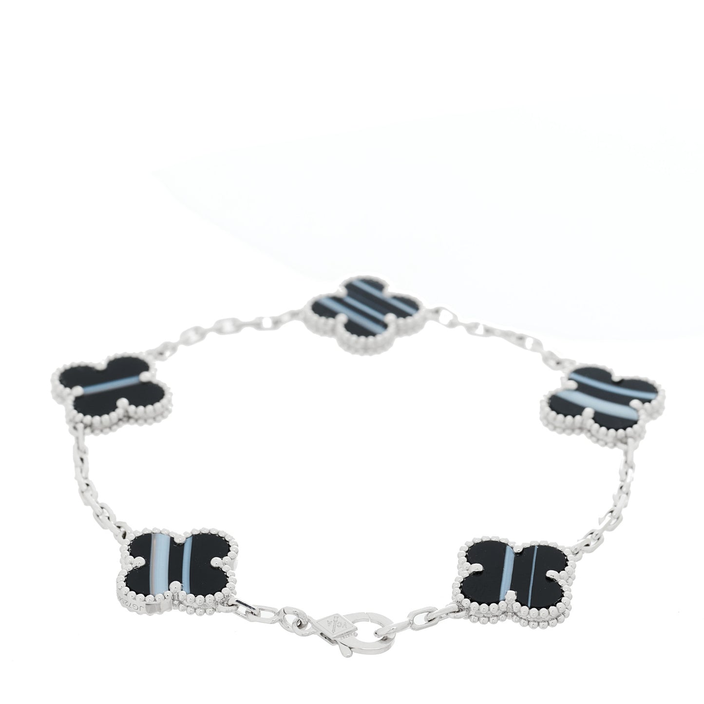 18K White Gold Veined Black Onyx 5 Motifs Vintage Alhambra Bracelet