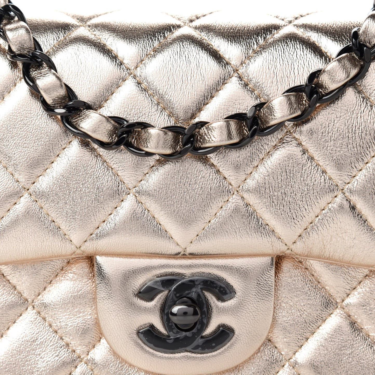 Metallic Lambskin Quilted Mini Square Flap Gold Black