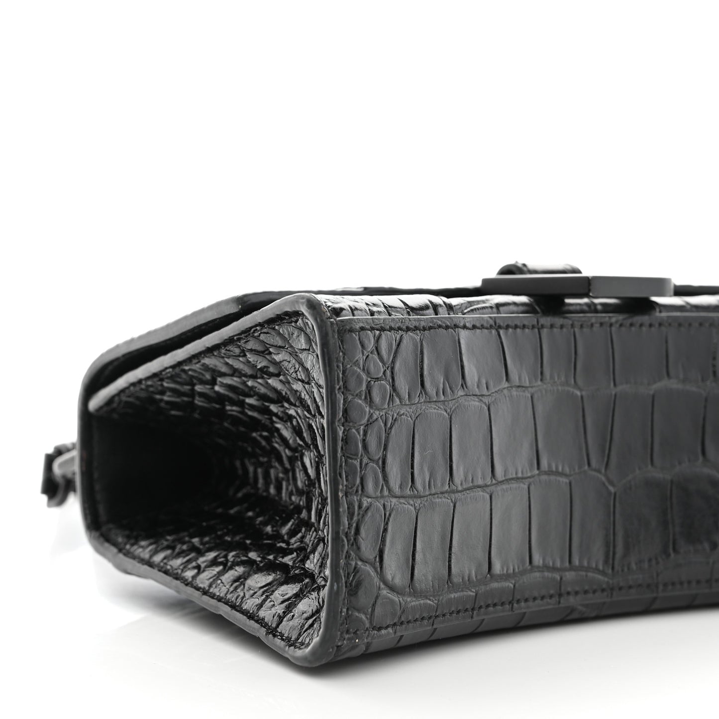 Shiny Calfskin Monochrome Crocodile Embossed Hourglass Top Handle Bag XS Black