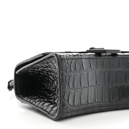 Balenciaga Shiny Calfskin Monochrome Crocodile Embossed Hourglass Top Handle Bag XS Black 8 of 9