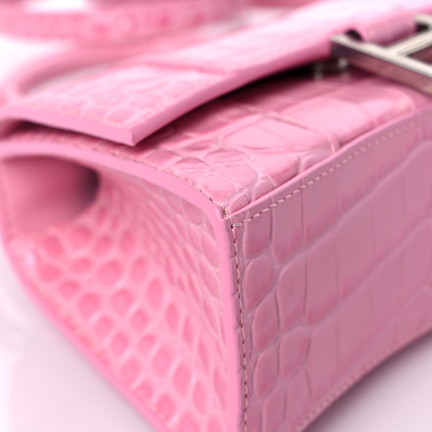 Shiny Calfskin Crocodile Embossed Hourglass Top Handle Bag XS Pink