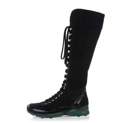 Chanel Tweed Patent Calfskin Sneaker Boots 38 Black 1 of 8