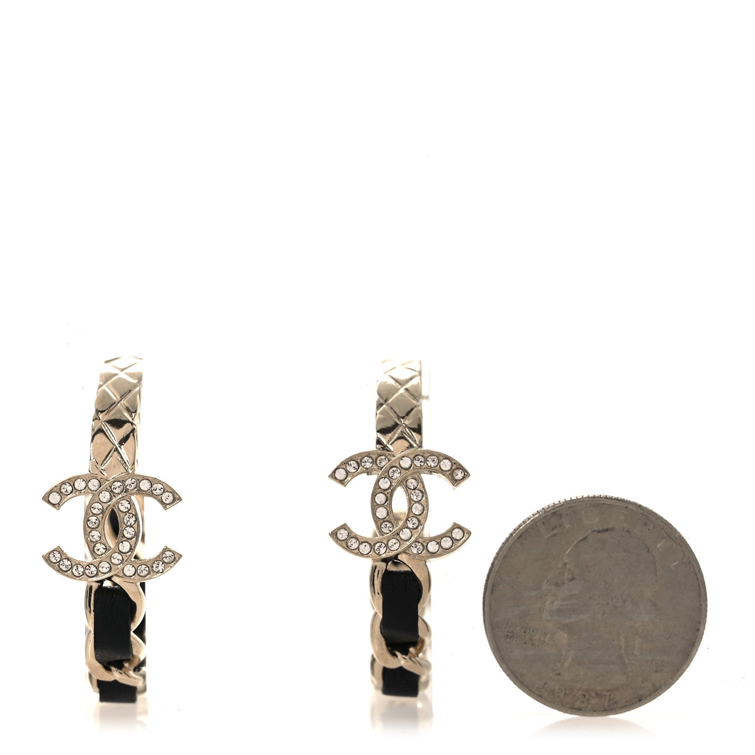 Chanel Metal Crystal Lambskin Quilted CC Chain Hoop Earrings Gold Black 2 of 4