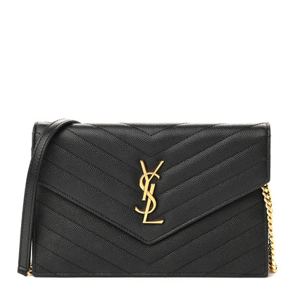 Saint Laurent Grain De Poudre Matelasse Chevron Monogram Envelope Chain Wallet Black 1 of 12