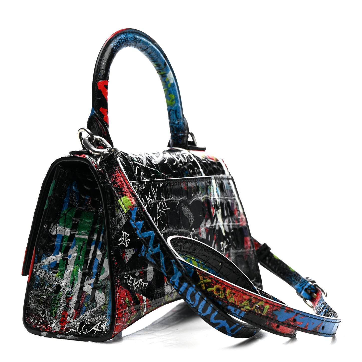 Calfskin Graffiti Crocodile Embossed Hourglass Top Handle Bag XS Black Multicolor