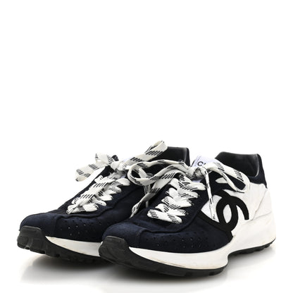 Chanel Fabric Suede Kidskin CC Sneakers 37.5 Dark Navy White 4 of 12