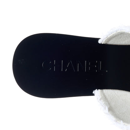 Chanel Cotton Tweed Fabric Lambskin CC Thong Sandal 41 White Gold Black 7 of 10