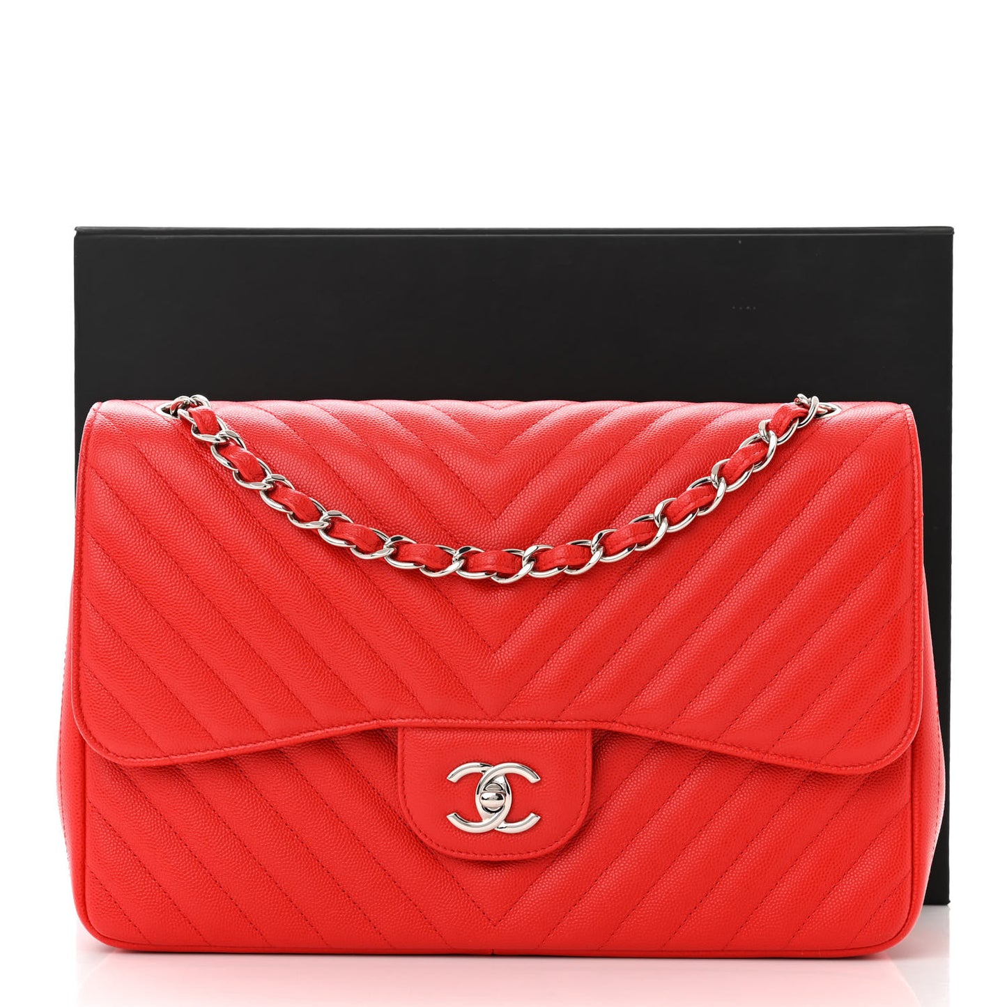 Caviar Chevron Quilted Jumbo Double Flap Red