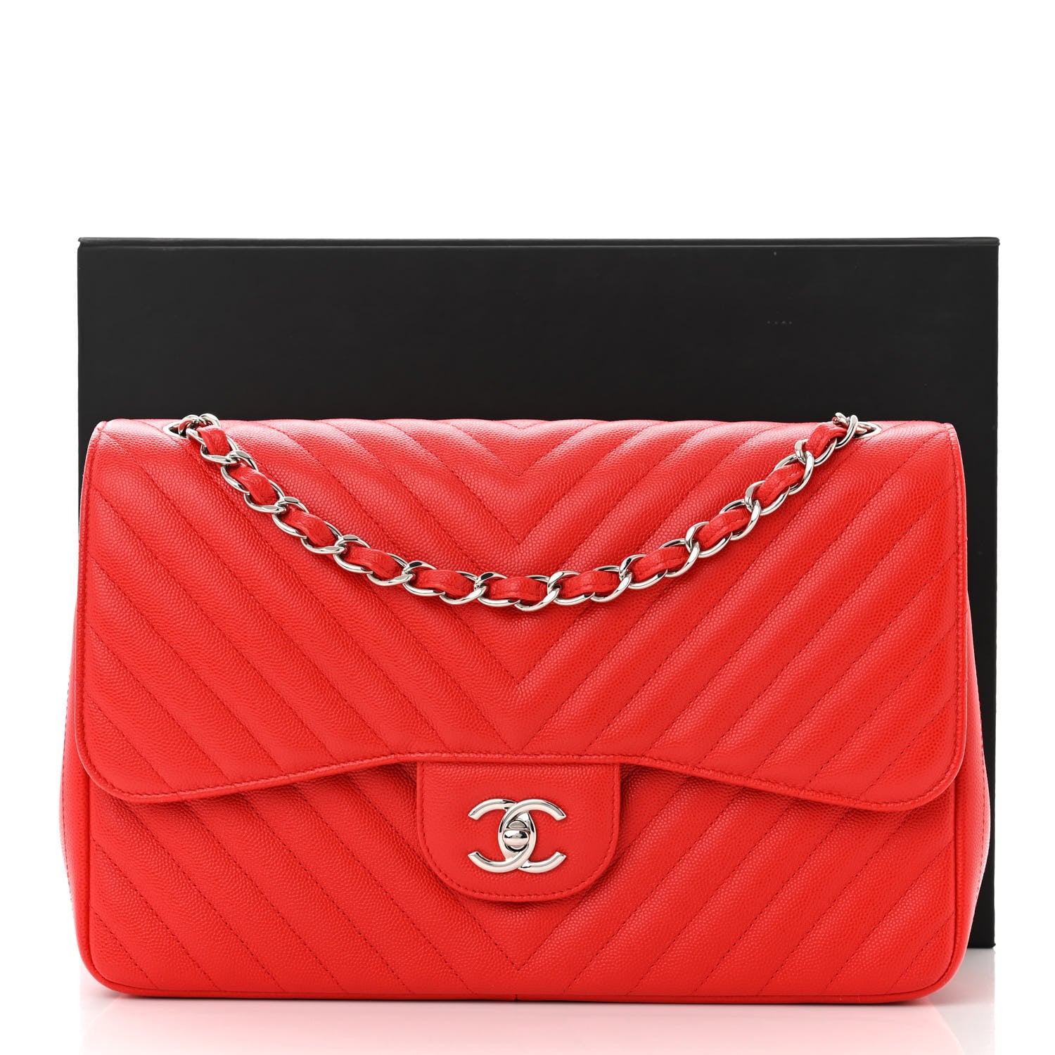 Chanel Caviar Chevron Quilted Jumbo Double Flap Red 11 of 11