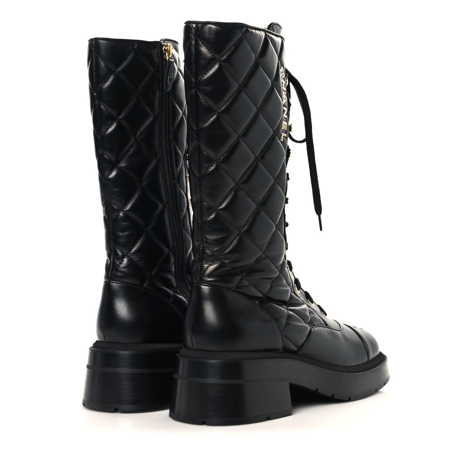 Calfskin Quilted Logo Lace Up Tall Combat Boots 37.5 Black