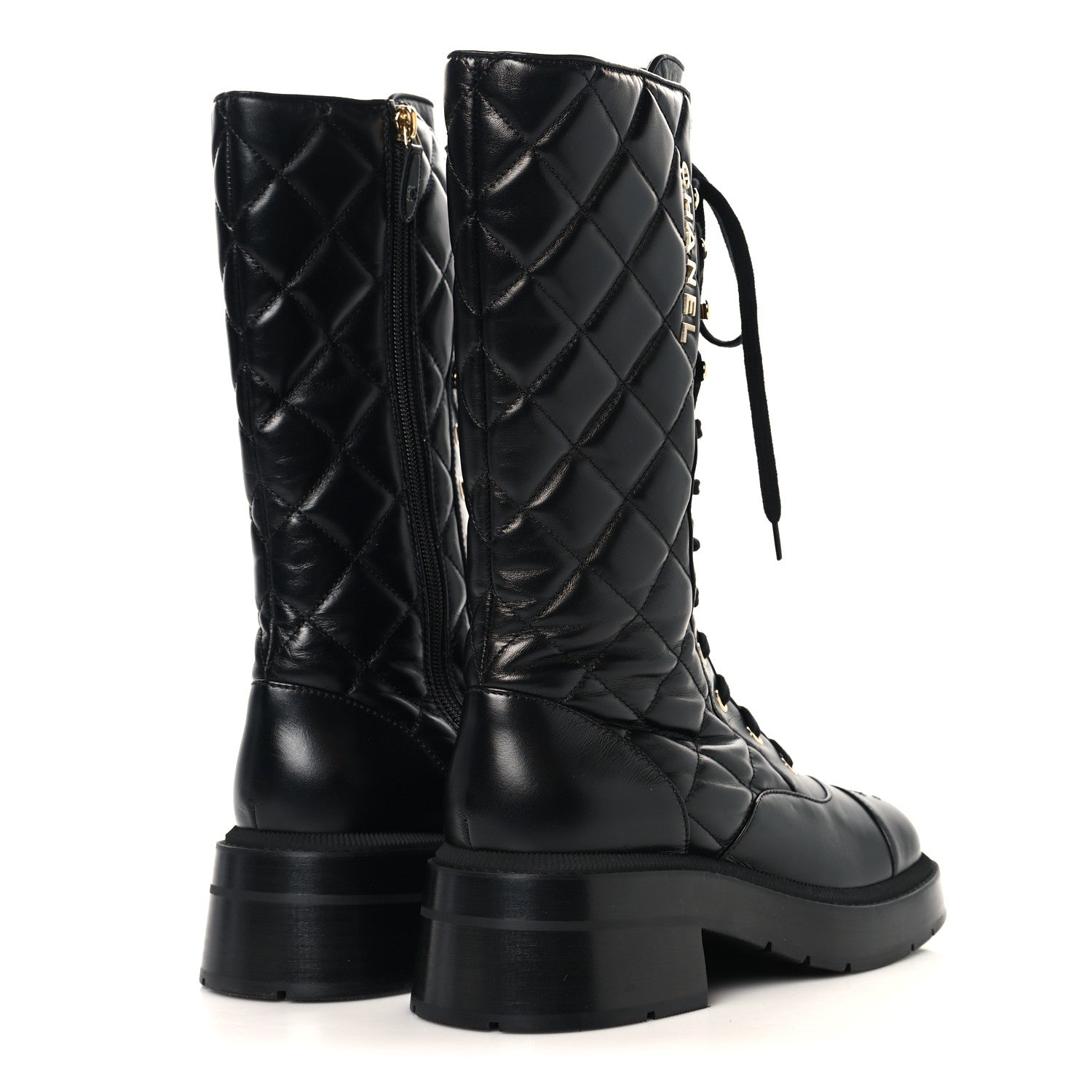 Chanel Calfskin Quilted Logo Lace Up Tall Combat Boots 37.5 Black 4 of 7