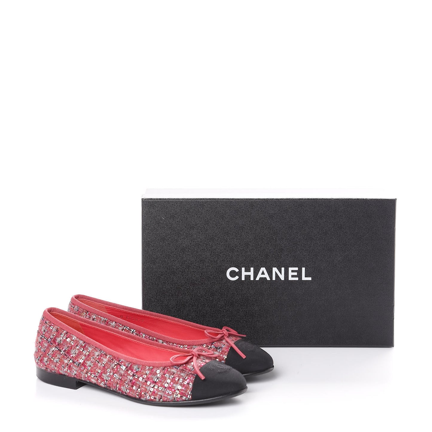 Tweed Grosgrain Sequin Cap Toe Ballerina Flats 37.5 Pink Black