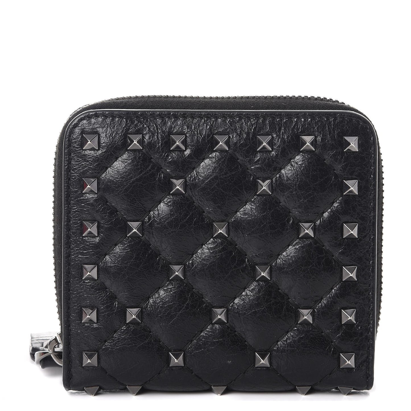Craquele Nappa Rockstud Spike Compact Zip Around Wallet Black