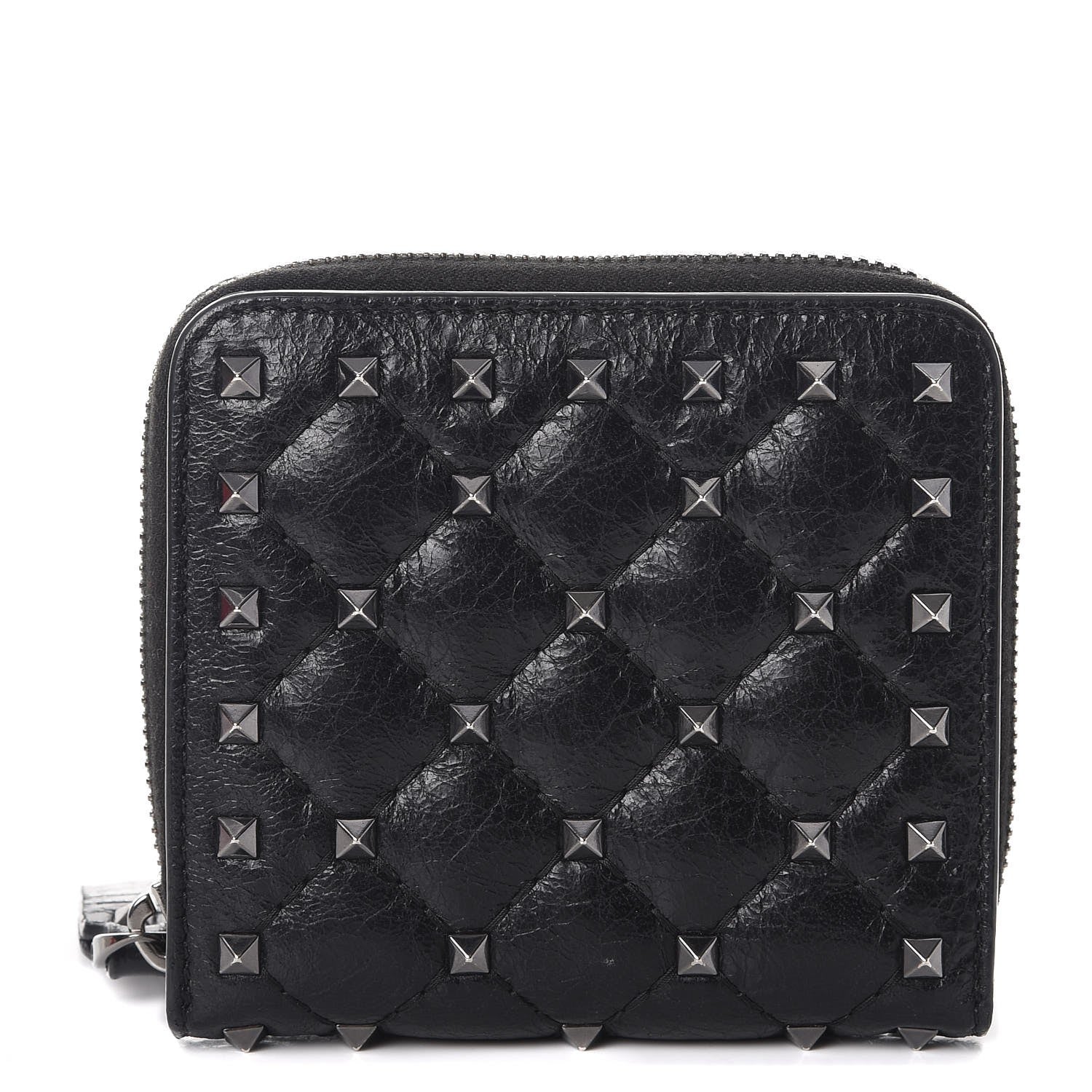 Valentino Garavani Craquele Nappa Rockstud Spike Compact Zip Around Wallet Black 1 of 10