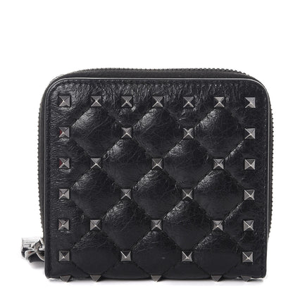 Valentino Garavani Craquele Nappa Rockstud Spike Compact Zip Around Wallet Black 1 of 10