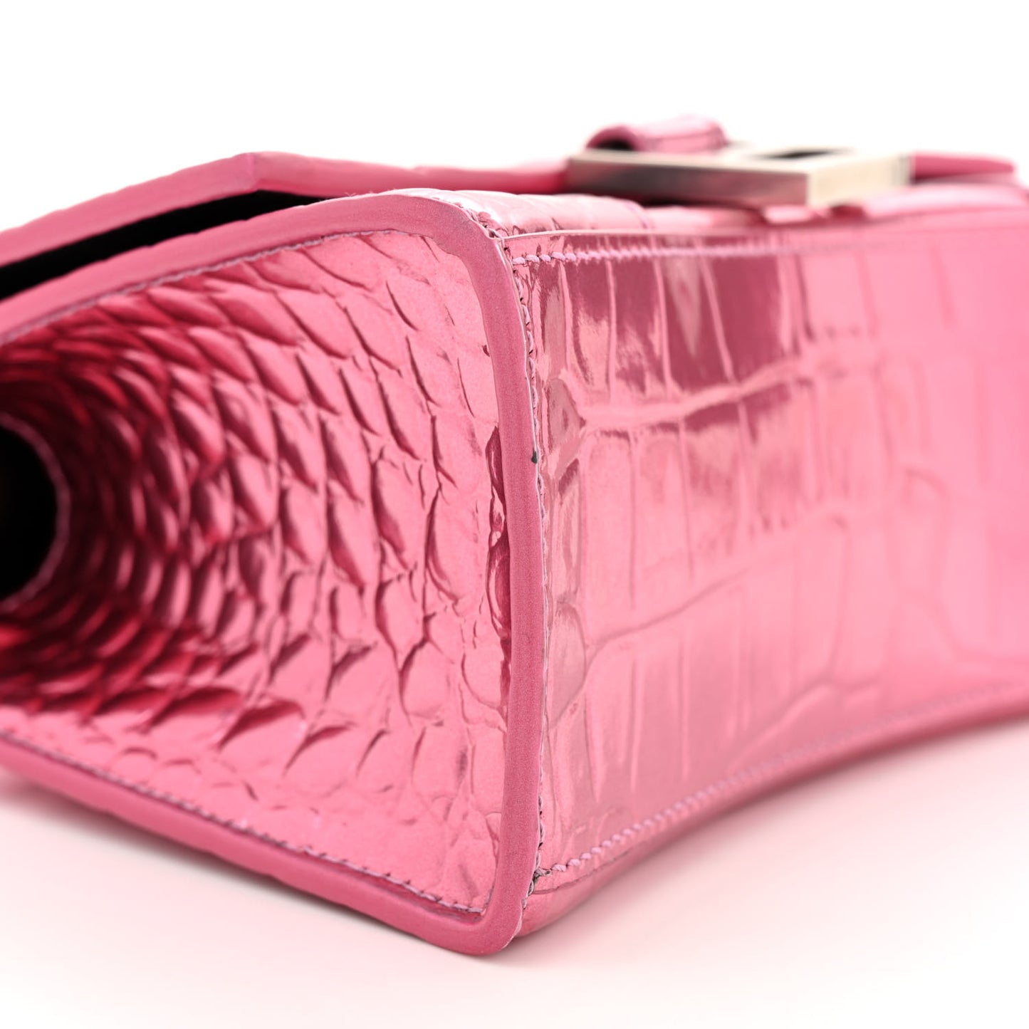 Metallic Shiny Calfskin Crocodile Embossed Hourglass Top Handle Bag XS Pink