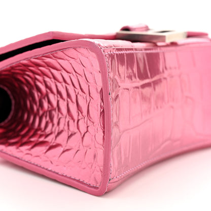 Balenciaga Metallic Shiny Calfskin Crocodile Embossed Hourglass Top Handle Bag XS Pink 9 of 14
