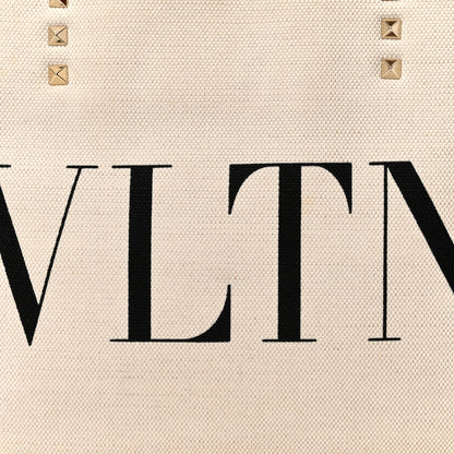 Valentino Garavani Canvas Calfskin VLTN Print Small Rockstud Tote Naturale Black 7 of 12