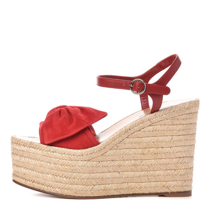 Valentino Garavani Suede Calfskin Tropical Bow Espadrille Platform Wedge Sandals 37 Red 1 of 9