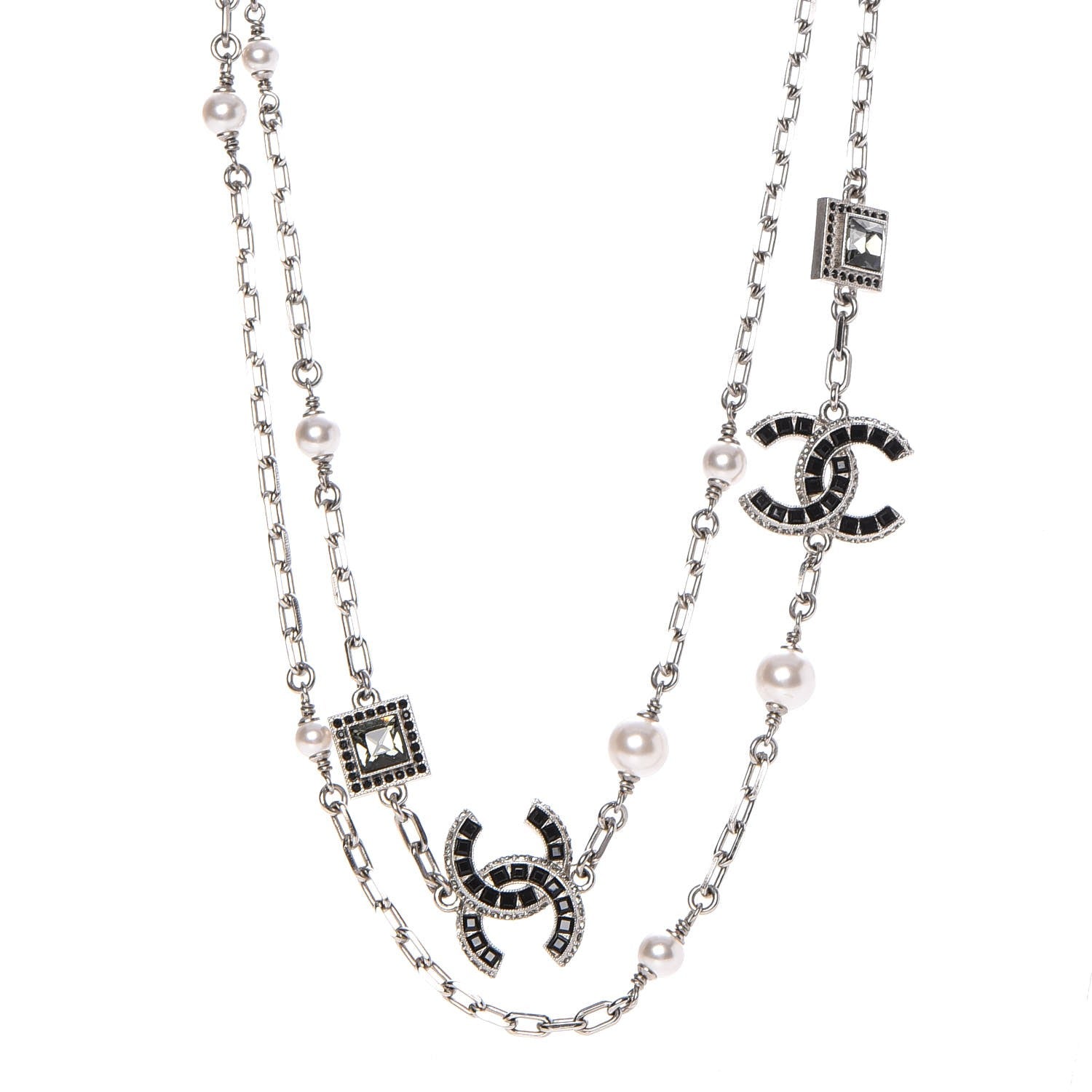 Chanel Pearl Crystal Baguette CC Long Necklace Silver 1 of 7
