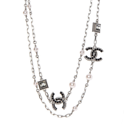 Chanel Pearl Crystal Baguette CC Long Necklace Silver 1 of 7
