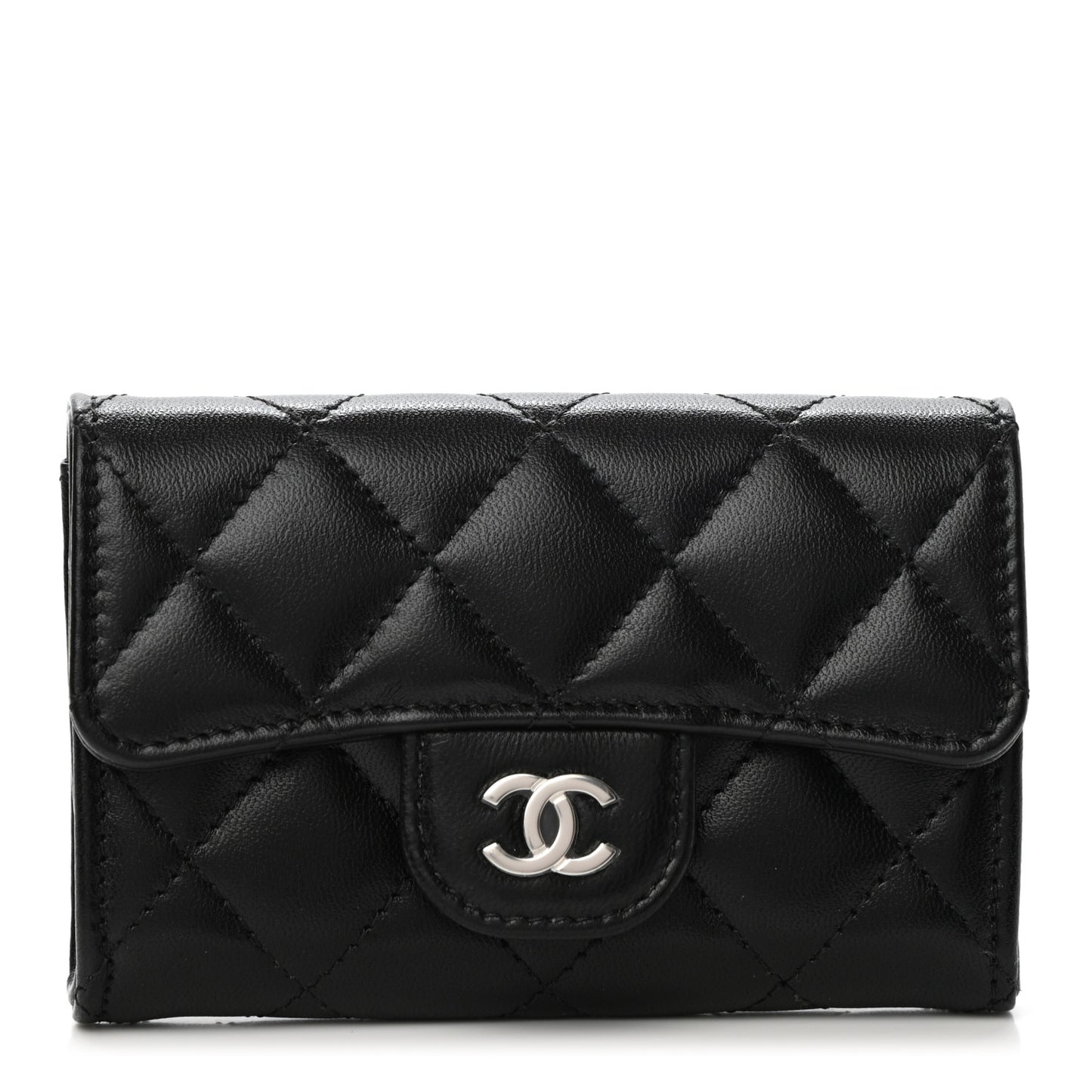 Lambskin Quilted Flap Card Holder Wallet Black