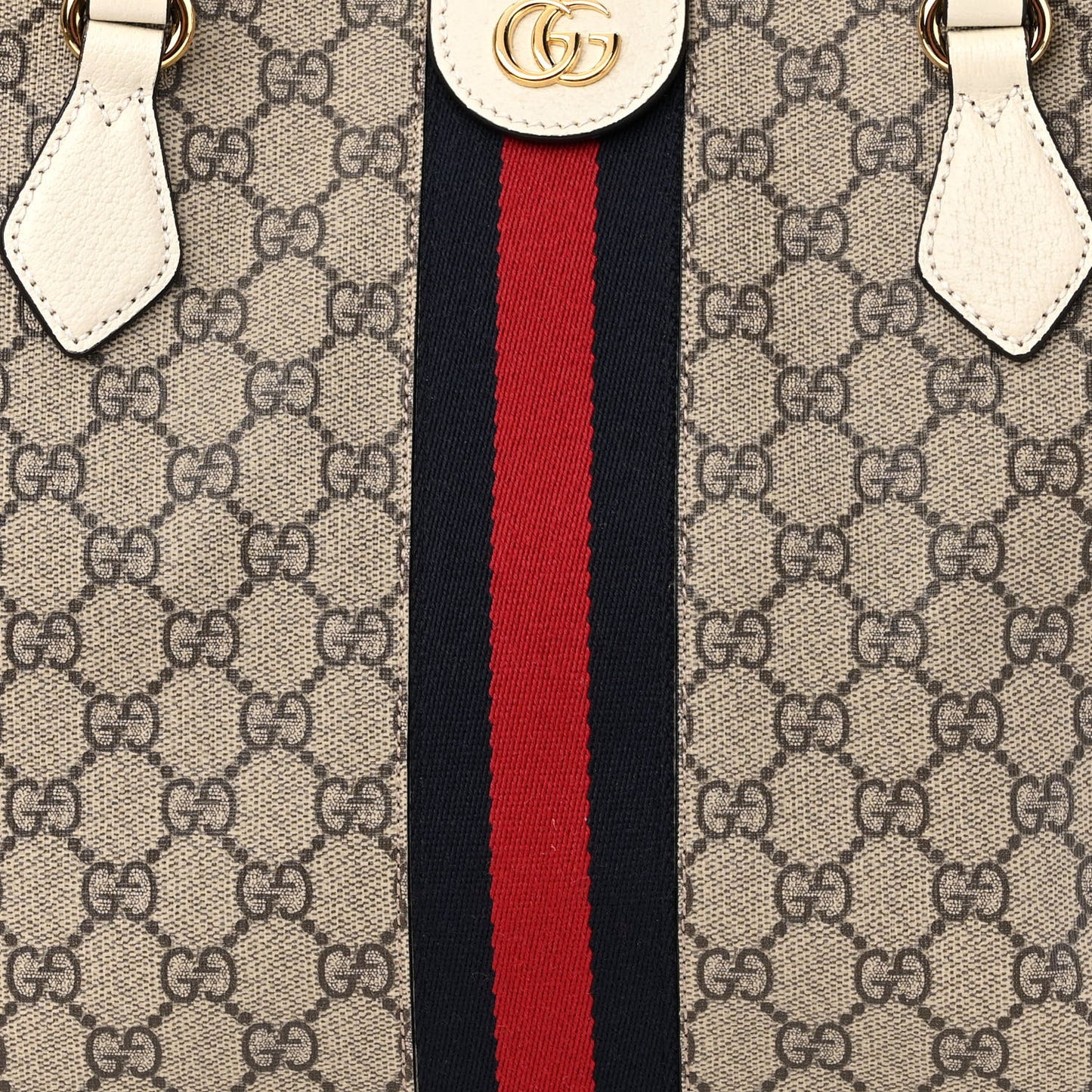 GG Supreme Monogram Textured Dollar Calfskin Web Medium Ophidia Shopping Tote Beige Ebony Mystic White