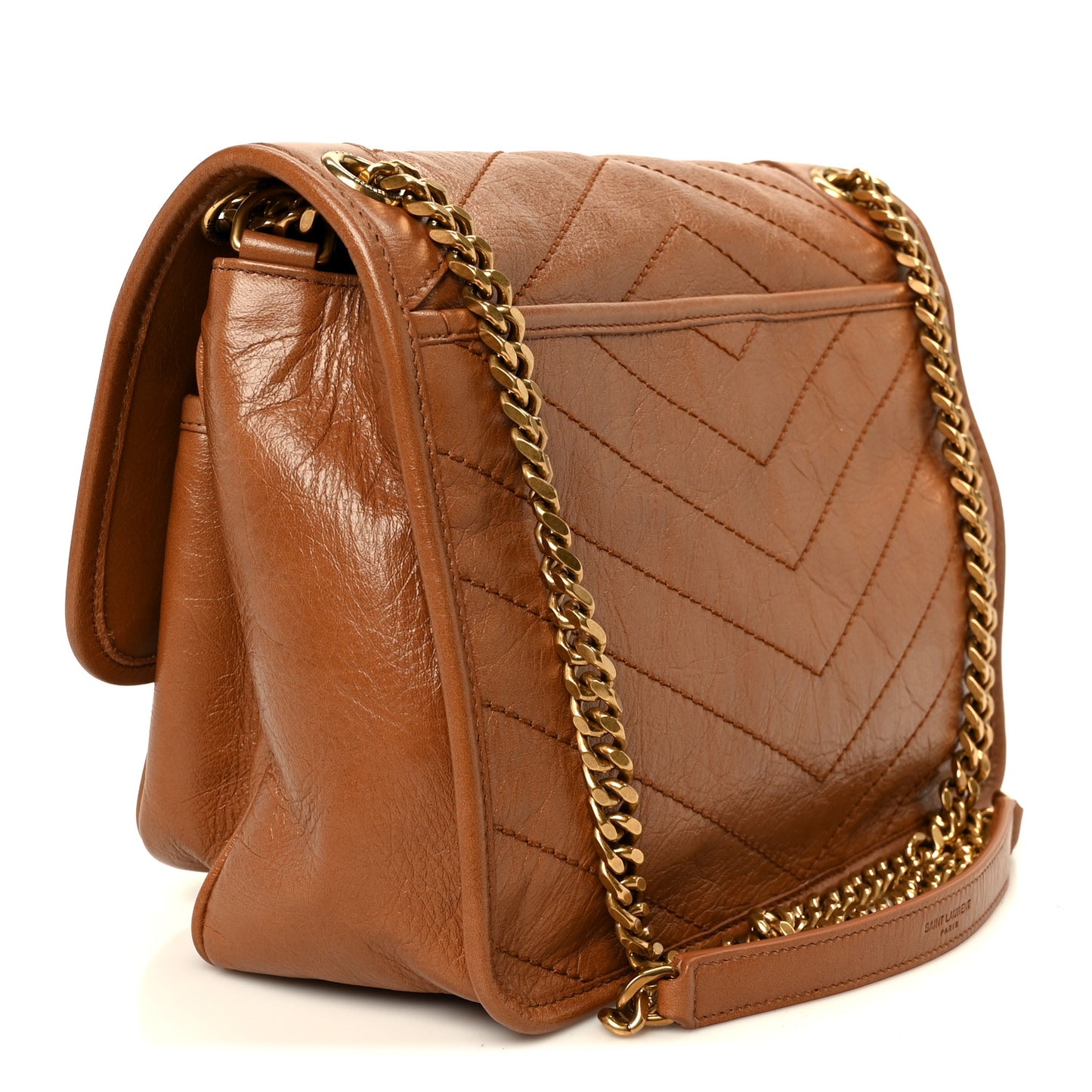 Crinkled Calfskin Matelasse Monogram Medium Niki Chain Satchel Caramel