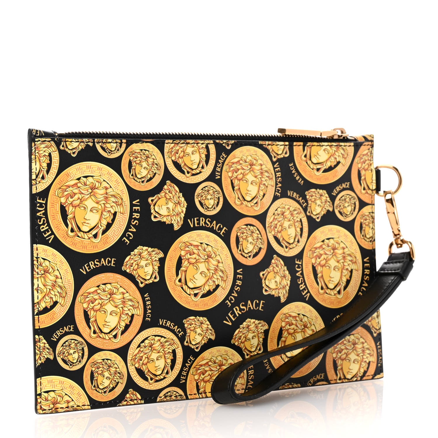 Versace Calfskin La Medusa Print Wristlet Pouch Black Gold 3 of 8