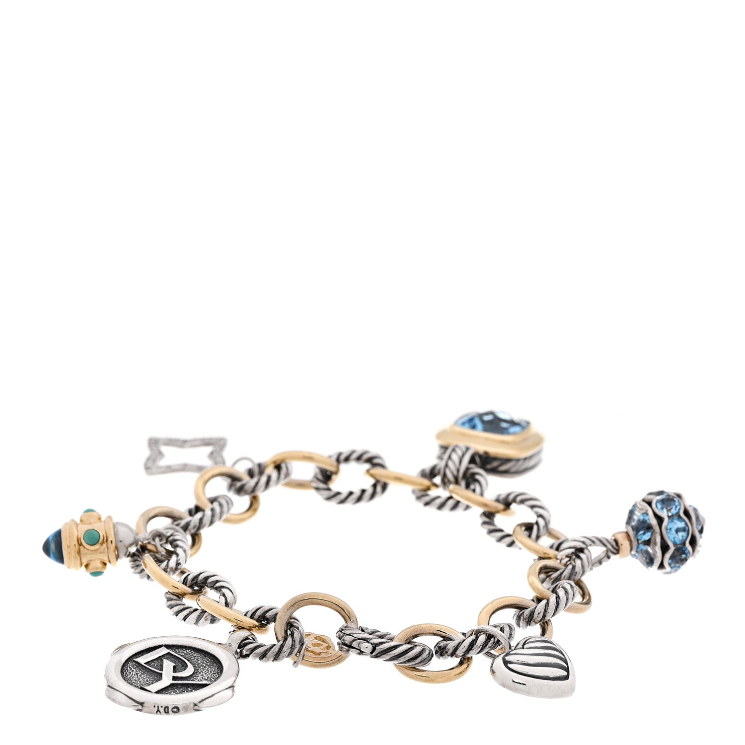 David Yurman Sterling Silver 18K Yellow Gold Diamond Blue Topaz Turquoise 25th Anniversary Charm Bracelet 2 of 4